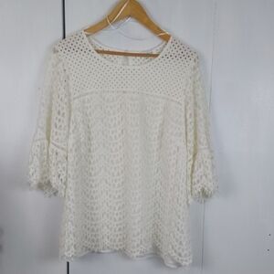 Rose & Olive Elegant White Open Lace Women's Top Flare Sleeves Elegant Sz.1X